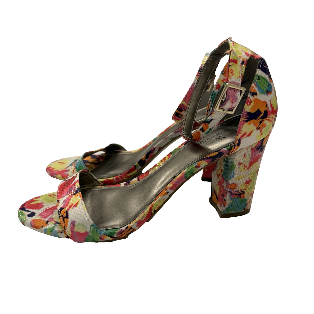Worthington Chunky Heel Women’s Shoes 8.5 Multicolor Floral Ankle Strap Open Toe